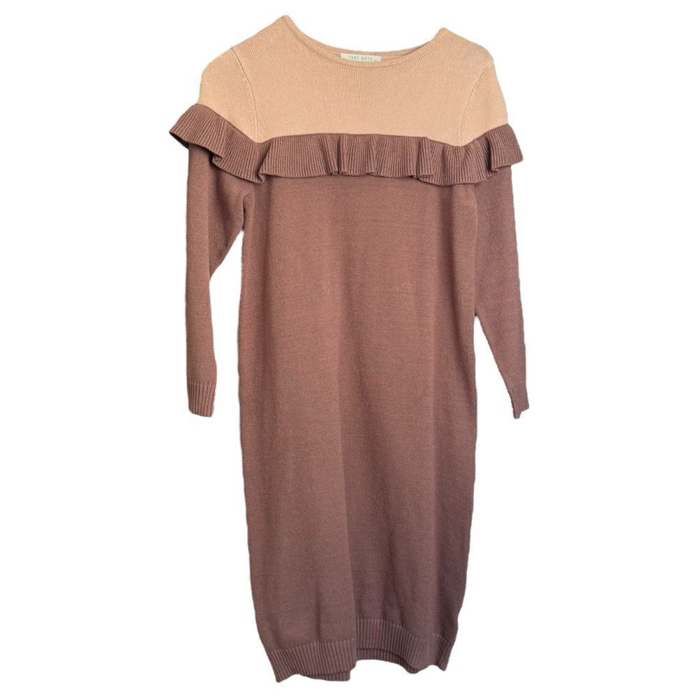 TAKE NOTE Two Tone Knit Sweater Dress Teen Girl Sz 16 Cream / Brown Ruffle - Picture 3 of 12